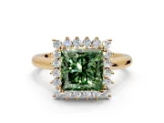 Starburst Halo Engagement Ring Setting for Fancy Green Princess Cut Center with Thin Round-Wire Band and Prong Head in Yellow Gold