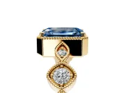 Vintage Station Engagement Ring Setting for Fancy Blue Emerald Cut Center with Accents and Prong Head in Yellow Gold