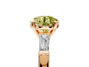3 Stone Engagement Ring Setting for Fancy Yellow Round Cut Center with Tapered Baguettes, Plain Band and Prong Head in Rose Gold
