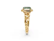 Halo Engagement Ring Setting for Fancy Green Radiant Cut Center with Open Scroll Shoulders and Prong Head in Yellow Gold