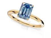 Low-Set Solitaire Engagement Ring Setting for Fancy Blue Emerald Cut Center with Thin Plain Band and Prong Head in Yellow Gold