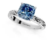 Solitaire Engagement Ring Setting for Fancy Blue Cushion Cut Center with Scrollwork Band and Prong Head in Platinum