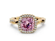 Halo Engagement Ring Setting for Fancy Pink Cushion Cut Center with Pave and Plain Twist Band and Prong Head in Yellow Gold