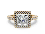Accent Halo Engagement Ring Setting for Princess Cut Center with Full-Length Pave Band and Prong Head in Yellow Gold