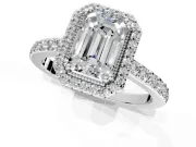 Halo Engagement Ring Setting for Emerald Cut Center with Inner Milgrain Border and Prong Head in Sterling Silver