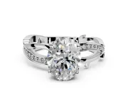 Solitaire Engagement Ring Setting for Oval Center with Pave and Plain Crossover Band and Prong Head in Platinum