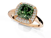 Halo Engagement Ring Setting for Fancy Green Cushion Cut Center with Plain Tapered Band and Prong Head in Rose Gold