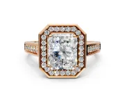 Halo Engagement Ring Setting for Radiant Cut Center with Outer Bezel Rim, Pave Band and Prong Head in Rose Gold