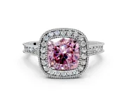 Halo Engagement Ring Setting for Fancy Pink Cushion Cut Center with Milgrain Pave Band and Bezel Head in White Gold
