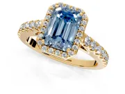 Halo Engagement Ring Setting for Fancy Blue Emerald Cut Center with Full Pave Band and Prong Head in Yellow Gold