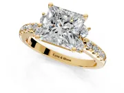 Paired Accent Engagement Ring Setting for Princess Cut Center with Pave Band and Prong Head in Yellow Gold