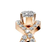 Halo Engagement Ring Setting for Cushion Cut Center with Pave Infinity Twist Band and Prong Head in Rose Gold