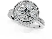 Halo Engagement Ring Setting for Round Cut Center with Milgrain Halo, Pave Band and Prong Head in White Gold