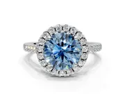 Halo Engagement Ring Setting for Fancy Blue Round Cut Center with Raised Halo, Pave Band and Prong Head in Platinum
