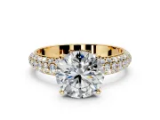 Solitaire Engagement Ring Setting for Round Cut Center with Domed Multi-Row Pave Band and Prong Head in Yellow Gold