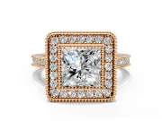 Halo Engagement Ring Setting for Princess Cut Center with Milgrain Frame, Pave Band and Prong Head in Rose Gold