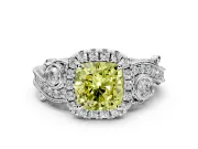 Milgrain Halo Engagement Ring Setting for Fancy Yellow Cushion Cut Center with Shoulder Bezels and Prong Head in White Gold