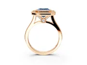 Halo Engagement Ring Setting for Fancy Blue Asscher Cut Center with Milgrain Frame, Pave Band and Prong Head in Rose Gold