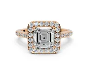 Halo Engagement Ring Setting for Asscher Cut Center with Pave Accents, Heart Basket and Prong Head in Rose Gold