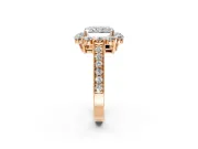 Halo Engagement Ring Setting for Radiant Cut Center with Milgrain Channel Band and Prong Head in Rose Gold