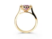 Single Halo Engagement Ring Setting for Fancy Pink Round Cut Center with Corner Claws, Plain Band and Prong Head in Yellow Gold