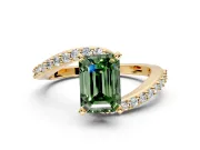 Solitaire Engagement Ring Setting for Fancy Green Emerald Cut Center with Pave Bypass Swirl Band and Prong Head in Yellow Gold