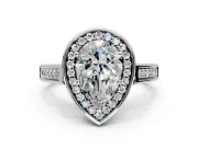 Halo Engagement Ring Setting for Pear-Shaped Center with Outer Bezel Rim, Pave Band and Prong Head in Platinum