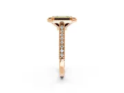 Halo Engagement Ring Setting for Fancy Yellow Emerald Cut Center with Milgrain Pave Band and Bezel Head in Rose Gold