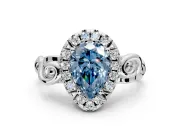 Halo Engagement Ring Setting for Fancy Blue Pear-Shaped Center with Open Scroll Shoulders and Prong Head in White Gold