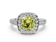 Bezel-Framed Halo Engagement Ring Setting for Fancy Yellow Cushion Cut Center with Pave Band and Prong Head in White Gold