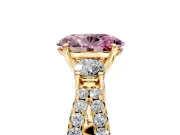 3 Stone Engagement Ring Setting for Fancy Pink Oval Center with Pave Split Shank and Prong Head in Yellow Gold
