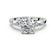 3 Stone Engagement Ring Setting for Radiant Cut Center with Baguette Accents and Prong Head in White Gold