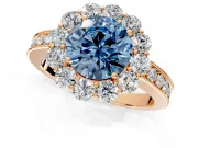 Halo Engagement Ring Setting for Fancy Blue Round Cut Center with Milgrain Channel Band and Prong Head in Rose Gold