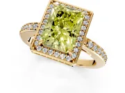 Halo Engagement Ring Setting for Fancy Yellow Radiant Cut Center with Metal-Rimmed Halo, Pave Band and Prong Head in Yellow Gold