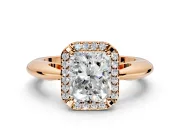 Halo Engagement Ring Setting for Radiant Cut Center with Tapered Plain Band and Prong Head in Rose Gold
