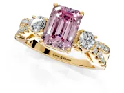 3 Stone Engagement Ring Setting for Fancy Pink Emerald Cut Center with Pave Split Shank and Prong Head in Yellow Gold