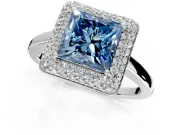 Halo Engagement Ring Setting for Fancy Blue Princess Cut Center with Plain Tapered Band and Prong Head in Platinum