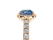 Halo Engagement Ring Setting for Fancy Blue Cushion Cut Center with Full Pave Band and Prong Head in Rose Gold