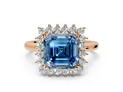 Starburst Halo Engagement Ring Setting for Fancy Blue Asscher Cut Center with Thin Round-Wire Band and Prong Head in Rose Gold
