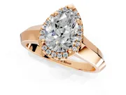 Halo Engagement Ring Setting for Pear-Shaped Center with Knife Ridge Cathedral Band and Prong Head in Rose Gold