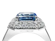 Halo Engagement Ring Setting for Fancy Blue Asscher Cut Center with Plain Tapered Band and Prong Head in Sterling Silver