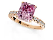 Solitaire Engagement Ring Setting for Fancy Pink Radiant Cut Center with Band of Accents and Prong Head in Rose Gold