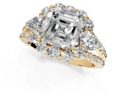 Halo Engagement Ring Setting for Asscher Cut Center with Two-Strand Split Shank and Prong Head in Yellow Gold