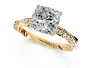 Side Accent Engagement Ring Setting for Cushion Cut Center with Accent Shoulders and Prong Head in Yellow Gold