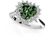 Starburst Halo Engagement Ring Setting for Fancy Green Heart-Shaped Center with Thin Round-Wire Band and Prong Head in Sterling Silver