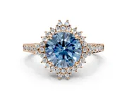 Sunburst Halo Engagement Ring Setting for Fancy Blue Round Cut Center with Pave Band and Prong Head in Rose Gold