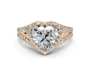 Halo Engagement Ring Setting for Heart-Shaped Center with Narrow Pave Split Shank and Prong Head in Rose Gold