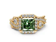 Milgrain Halo Engagement Ring Setting for Fancy Green Princess Cut Center with Shoulder Bezels and Prong Head in Yellow Gold