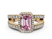 Halo Engagement Ring Setting for Fancy Pink Emerald Cut Center with Wide-Open Pave Split Shank and Prong Head in Yellow Gold