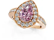 Bezel-Framed Halo Engagement Ring Setting for Fancy Pink Pear-Shaped Center with Pave Band and Prong Head in Rose Gold